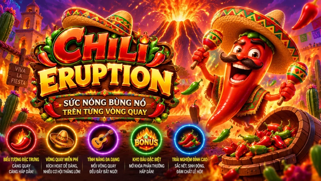 Giao diện trò chơi OK33 CHILI ERUPTION với biểu tượng ớt và trống slot