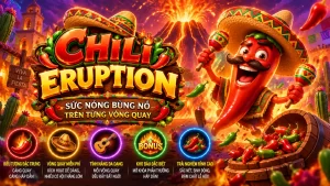 Giao diện trò chơi OK33 CHILI ERUPTION với biểu tượng ớt và trống slot